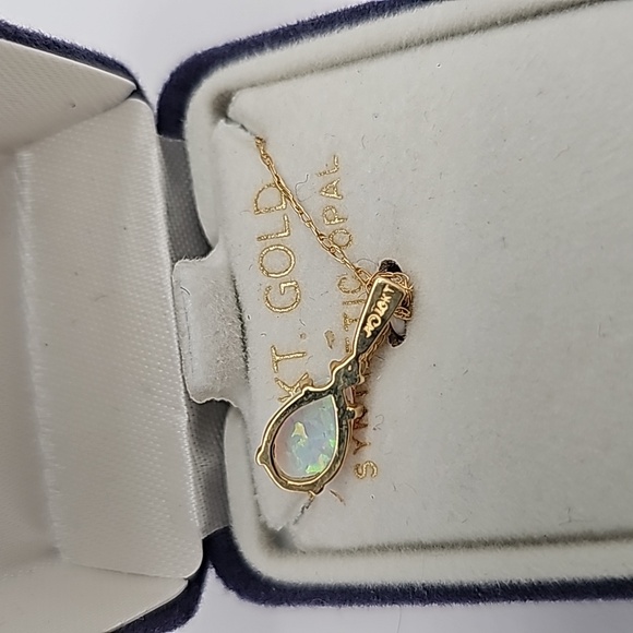 10k Gold Necklace Diamond Synthetic Opal Teardrop 18" Baby Rope Chain Gift Box - Picture 9 of 9